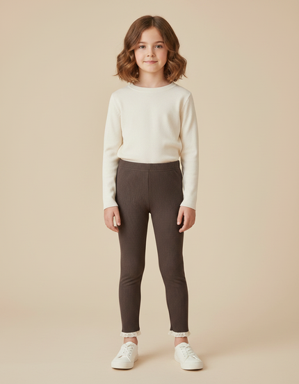 Pantalon Marron Côtelé Doux Fille Dentelle - Maille