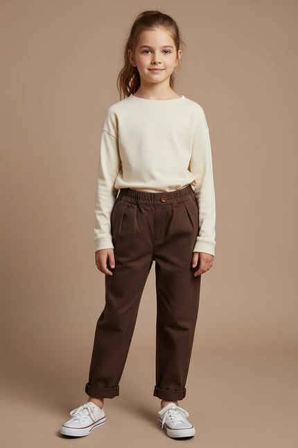 Pantalon Marron Ample Coton Plissé Enfant Décontracté