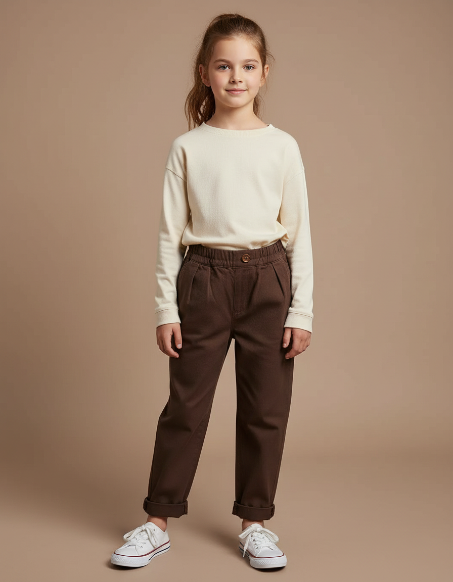 Pantalon Marron Ample Coton Plissé Enfant Décontracté