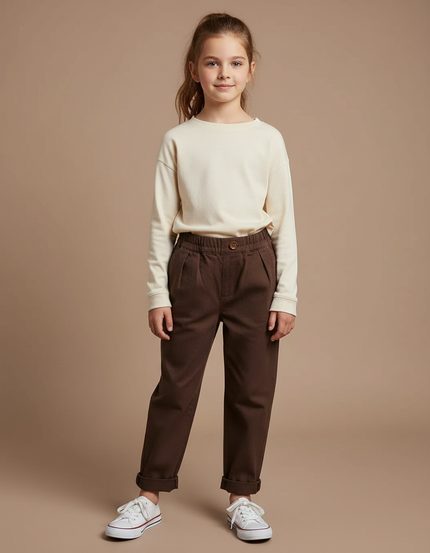 Pantalon Marron Ample Coton Plissé Enfant Décontracté