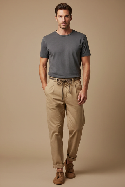 Pantalon Marron Coton Ample Décontracté Homme - Camel