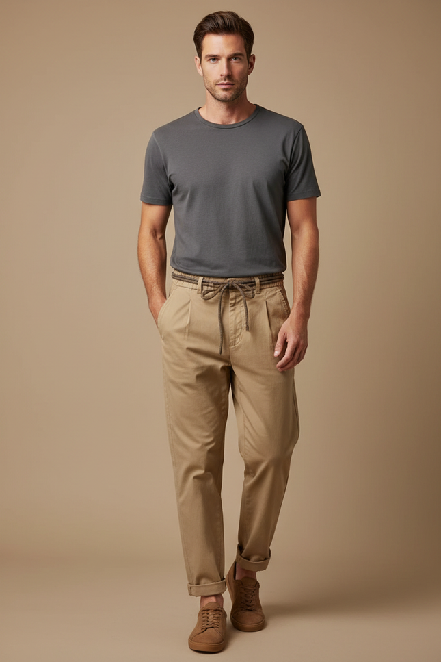 Pantalon Marron Coton Ample Décontracté Homme - Camel