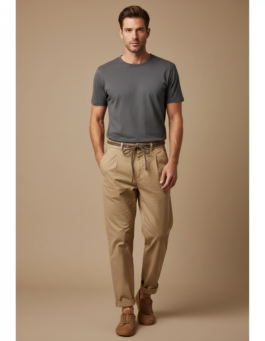 Pantalon Marron Coton Ample Décontracté Homme - Camel