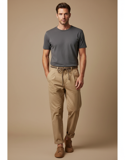 Pantalon Marron Coton Ample Décontracté Homme - Camel