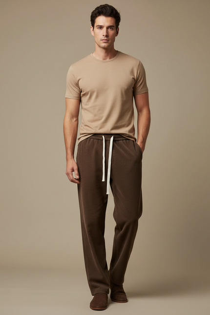 Pantalon Marron Côtelé Droit Ample Cordon Homme - Cordé