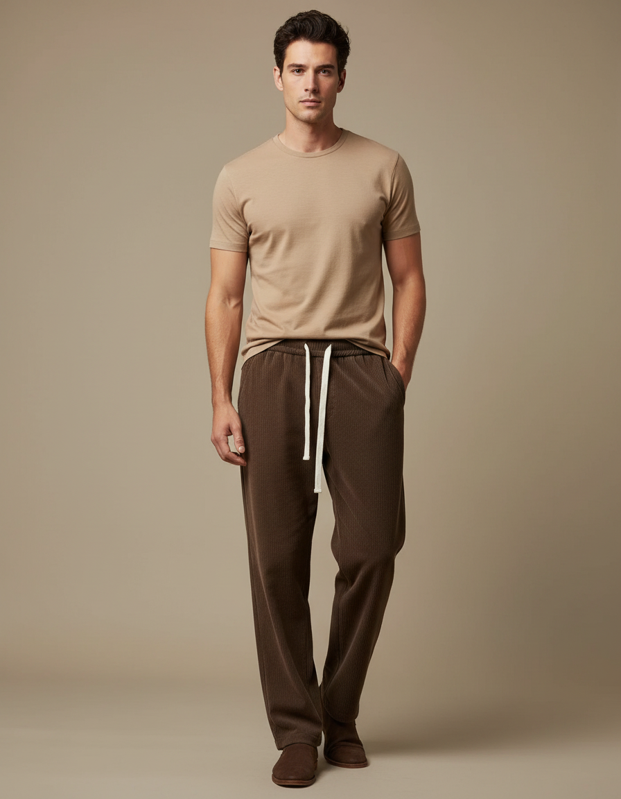 Pantalon Marron Côtelé Droit Ample Cordon Homme - Cordé
