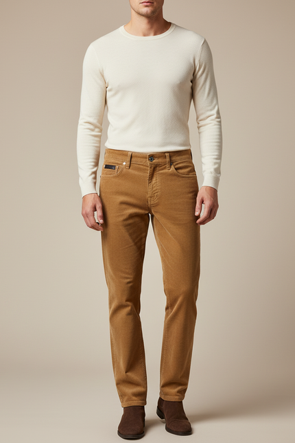 Pantalon Marron Côtelé Droit Décontracté Homme - Camel Cordé