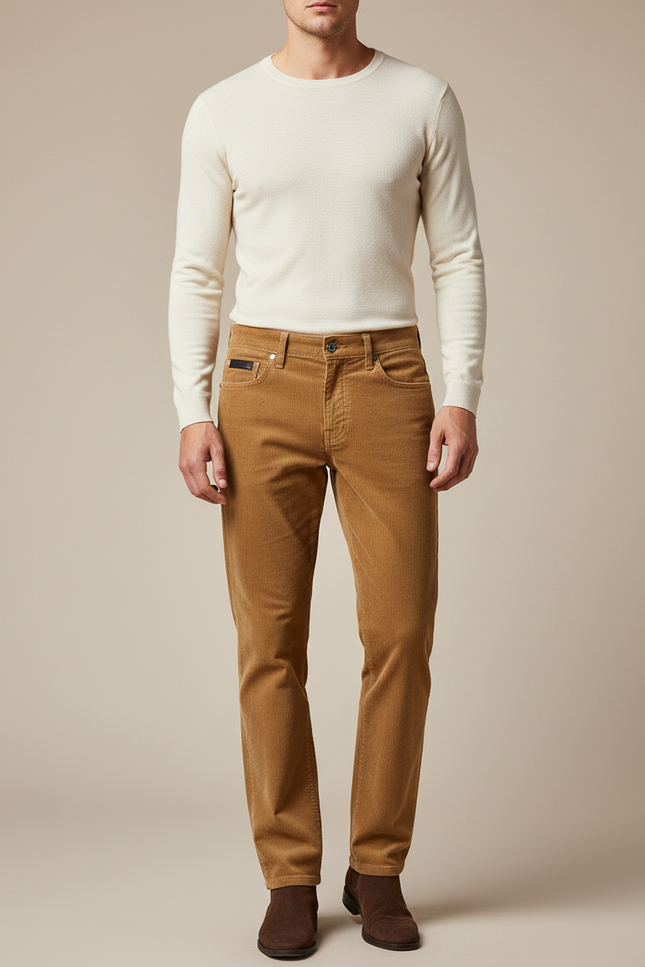 Pantalon Marron Côtelé Droit Décontracté Homme - Camel Cordé