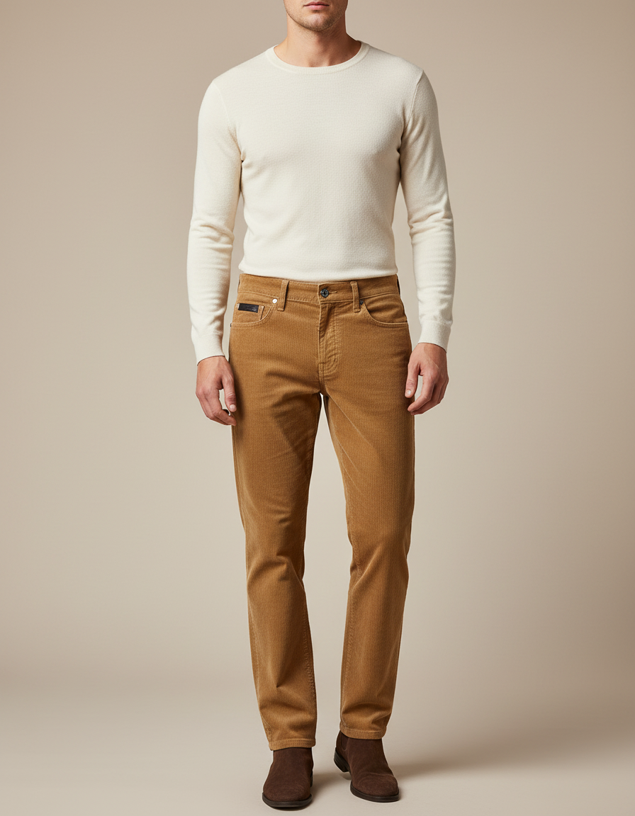 Pantalon Marron Côtelé Droit Décontracté Homme - Camel Cordé