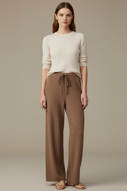 Pantalon Marron Tricoté Large Confortable Femme - Maille