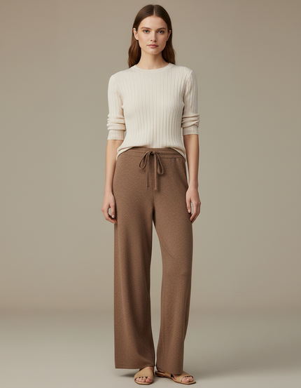 Pantalon Marron Tricoté Large Confortable Femme - Maille