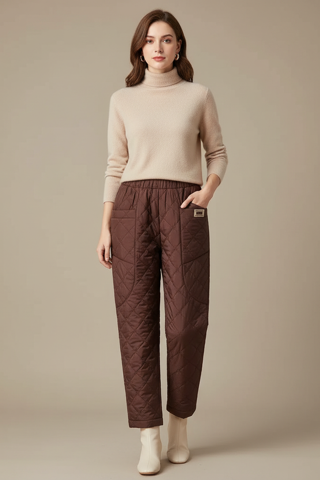 Pantalon Marron Matelassé Ample Hiver Chaud - Polyester
