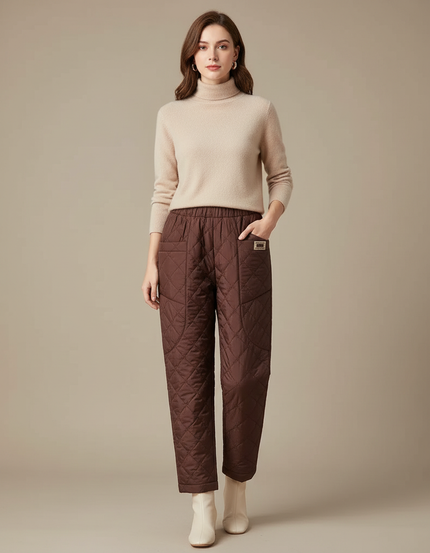 Pantalon Marron Matelassé Ample Hiver Chaud - Polyester