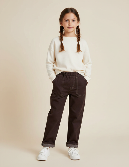 Pantalon Marron Denim Droit Enfant Décontracté Coton - Jean