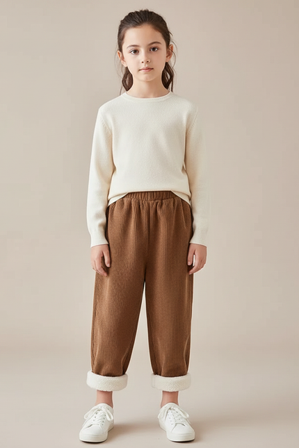 Pantalon Marron Côtelé Doublé Sherpa Enfant Hiver - Cordé