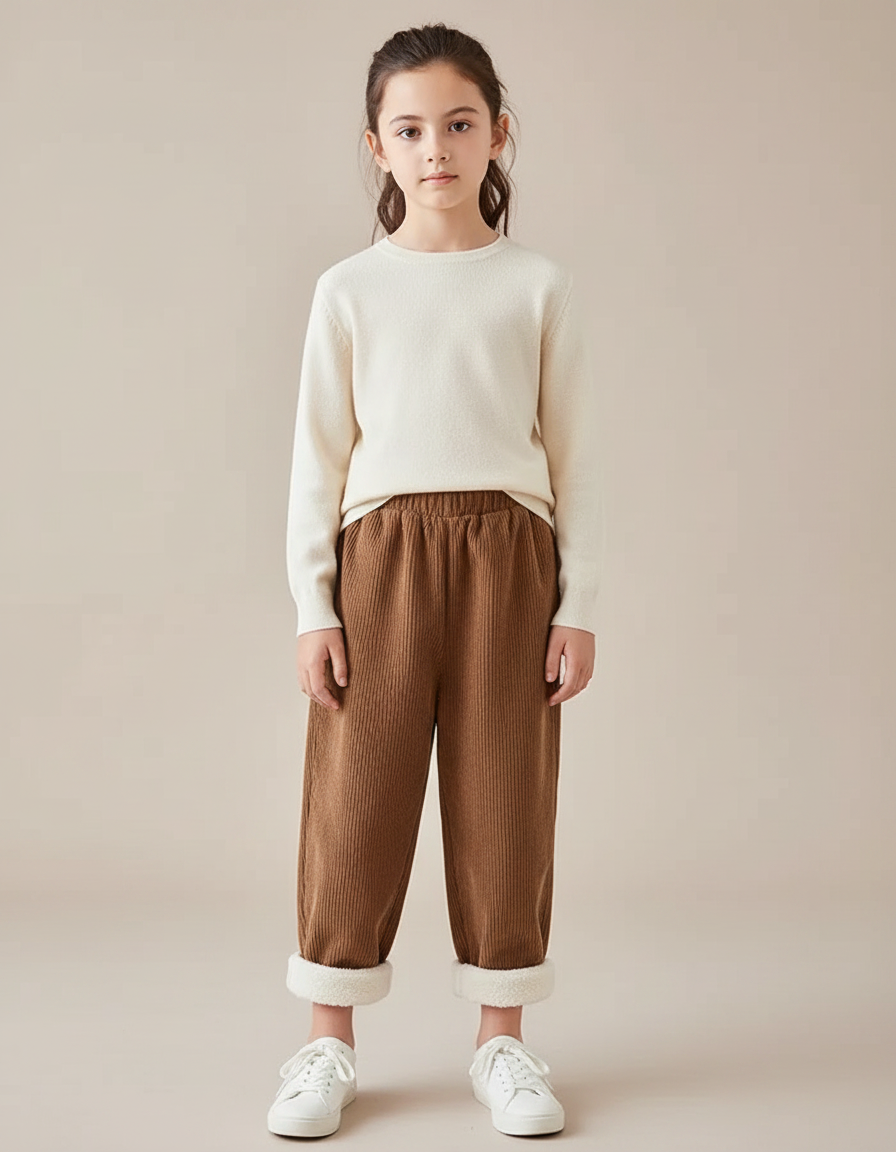 Pantalon Marron Côtelé Doublé Sherpa Enfant Hiver - Cordé