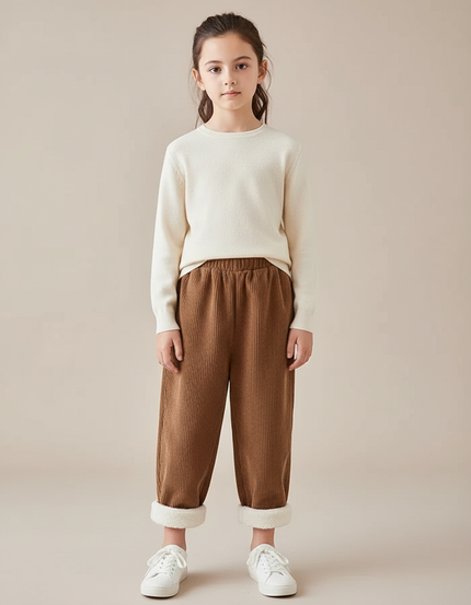 Pantalon Marron Côtelé Doublé Sherpa Enfant Hiver - Cordé