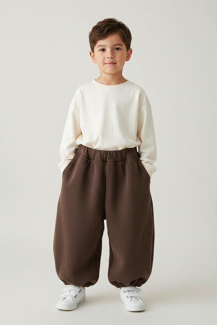 Pantalon Marron Ample Élastique Confortable Enfant - Molleton