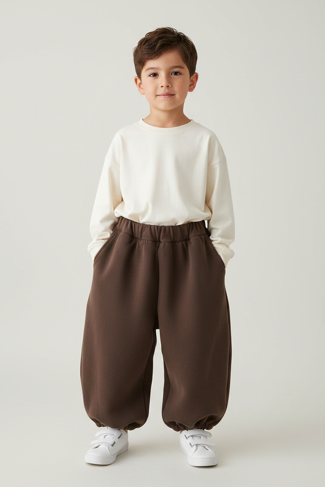 Pantalon Marron Ample Élastique Confortable Enfant - Molleton