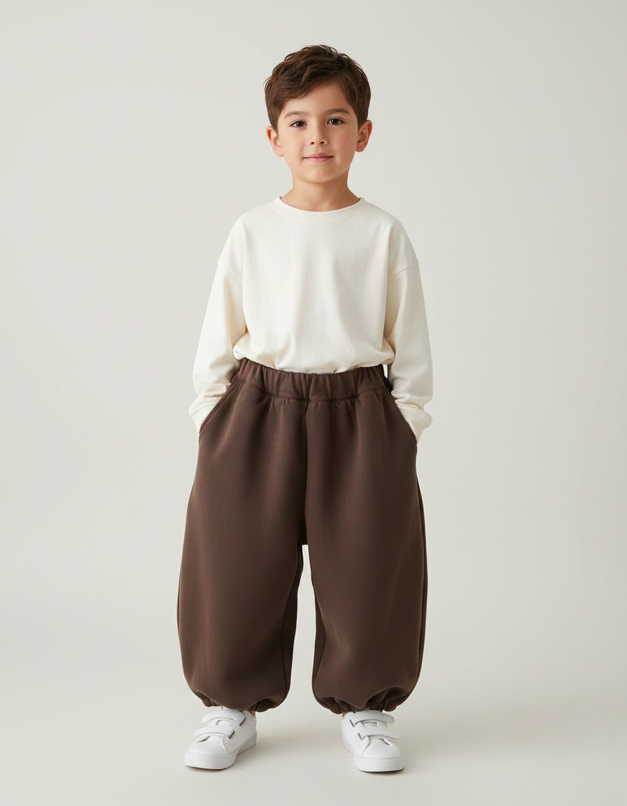 Pantalon Marron Ample Élastique Confortable Enfant - Molleton