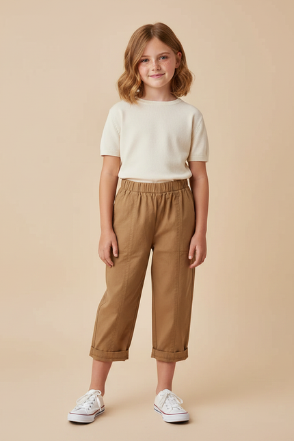 Pantalon Marron Coton Ample Élastique Enfant Décontracté Plié
