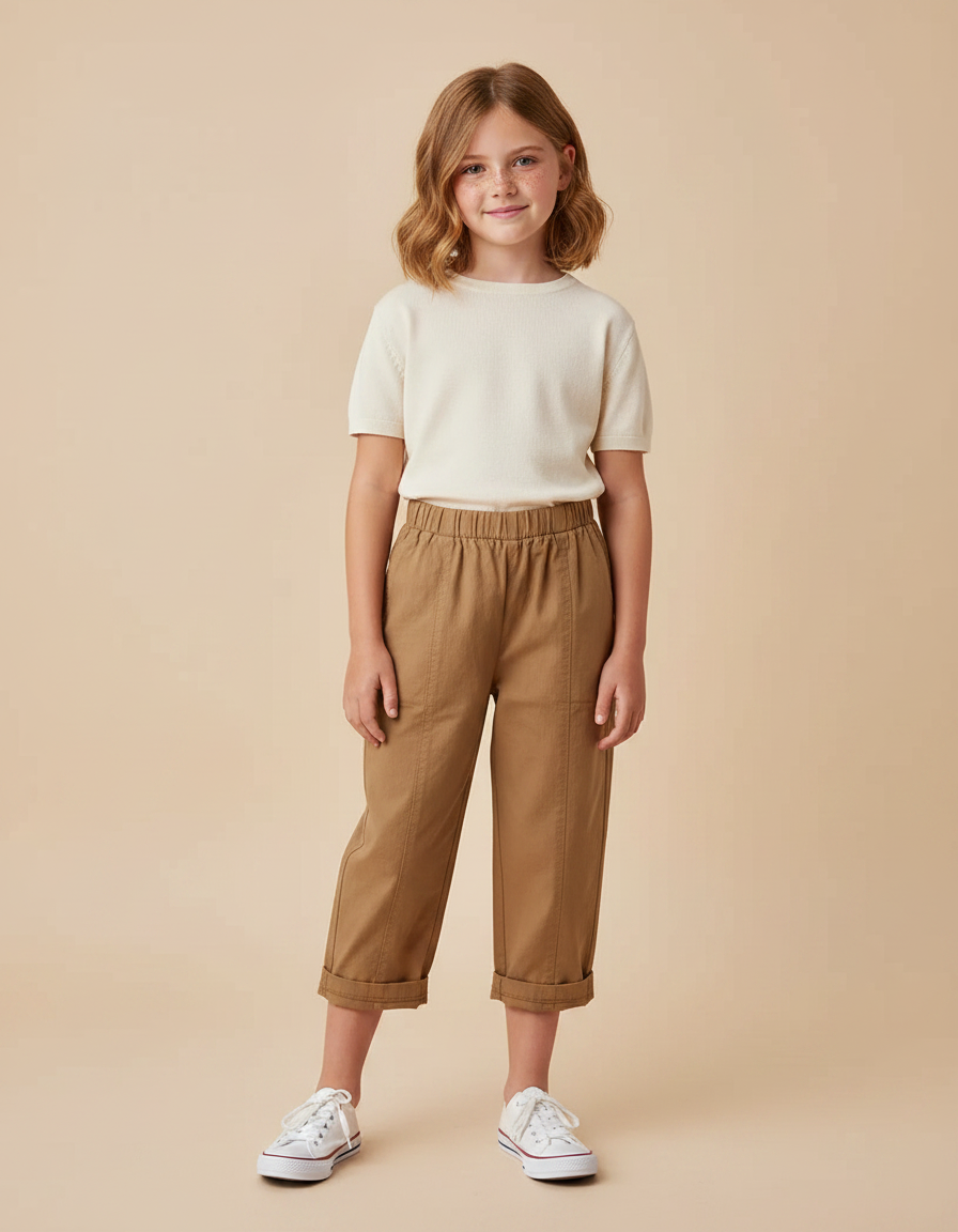 Pantalon Marron Coton Ample Élastique Enfant Décontracté Plié