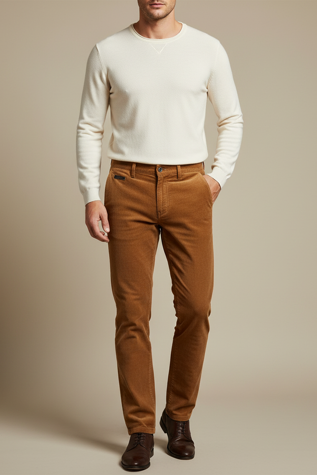 Pantalon Marron Côtelé Droit Coton Homme - Cordé