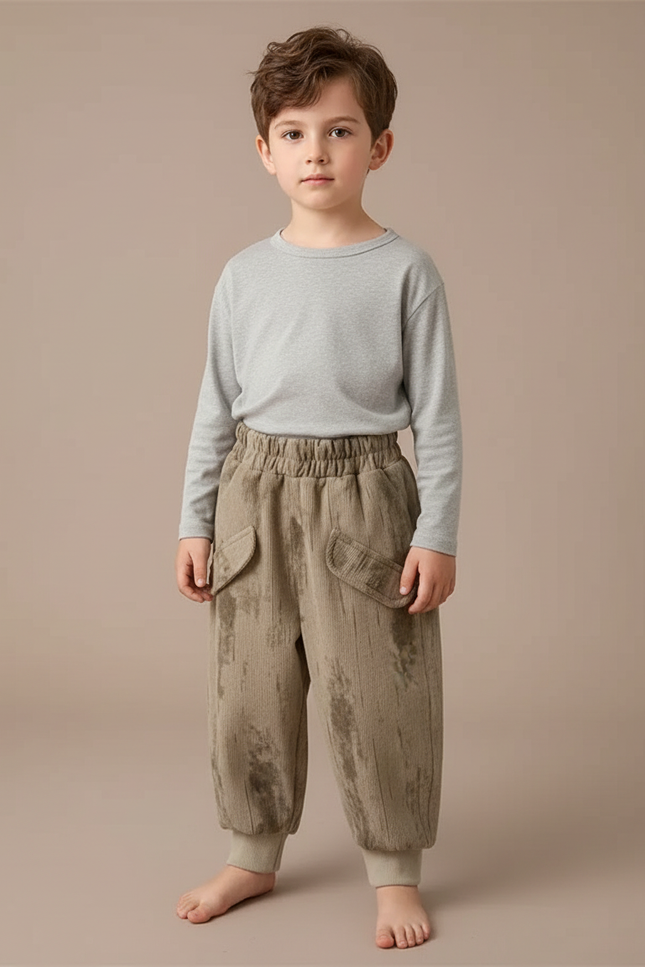 Pantalon Marron Côtelé Ample Épais Enfant Décontracté - Cordé
