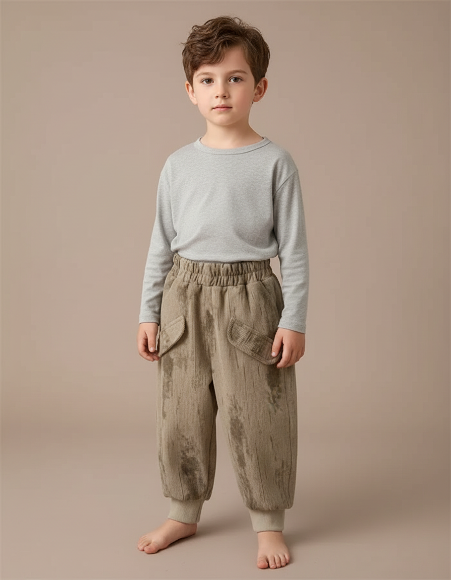 Pantalon Marron Côtelé Ample Épais Enfant Décontracté - Cordé
