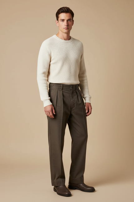 Pantalon Marron Chino Plissé Coton Twill Militaire Décontracté - Kaki Gabardine