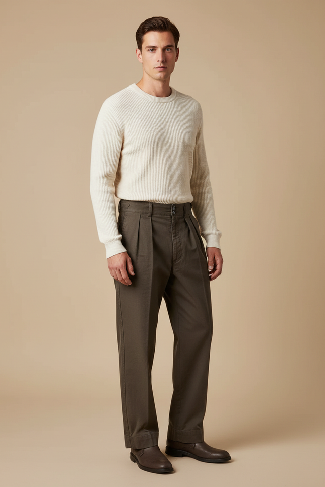 Pantalon Marron Chino Plissé Coton Twill Militaire Décontracté - Kaki Gabardine