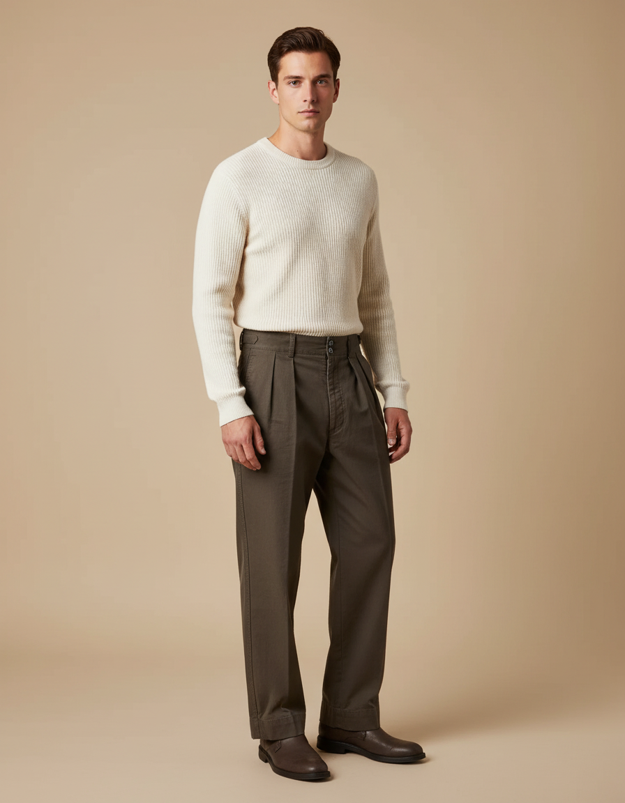Pantalon Marron Chino Plissé Coton Twill Militaire Décontracté - Kaki Gabardine