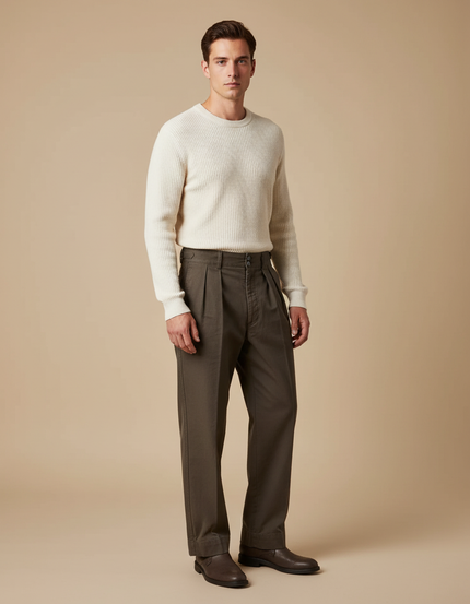 Pantalon Marron Chino Plissé Coton Twill Militaire Décontracté - Kaki Gabardine