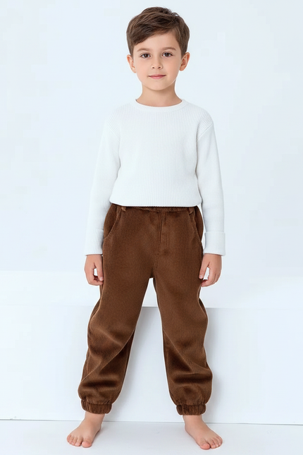 Pantalon Marron Côtelé Ample Élastique Enfant - Cordé