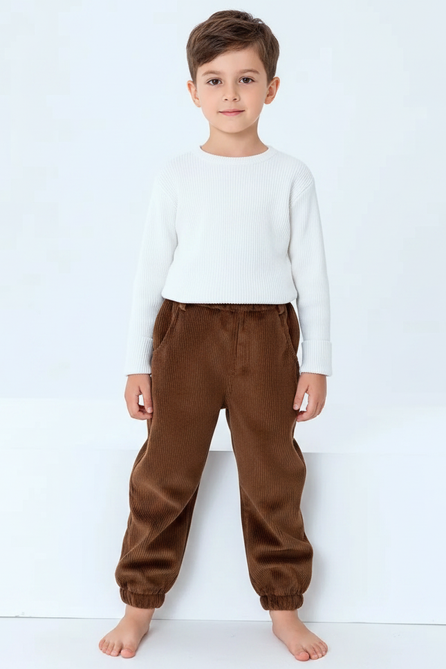 Pantalon Marron Côtelé Ample Élastique Enfant - Cordé