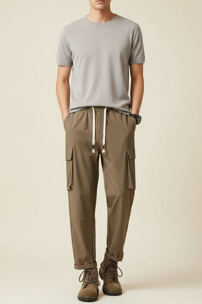 Pantalon Marron Cargo Décontracté Ample Homme - Kaki Polyester