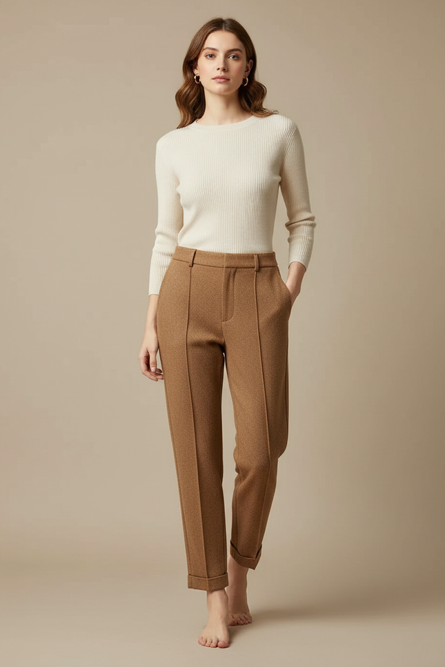 Pantalon Marron Laine Taille Haute Décontracté Élégant - Tweed