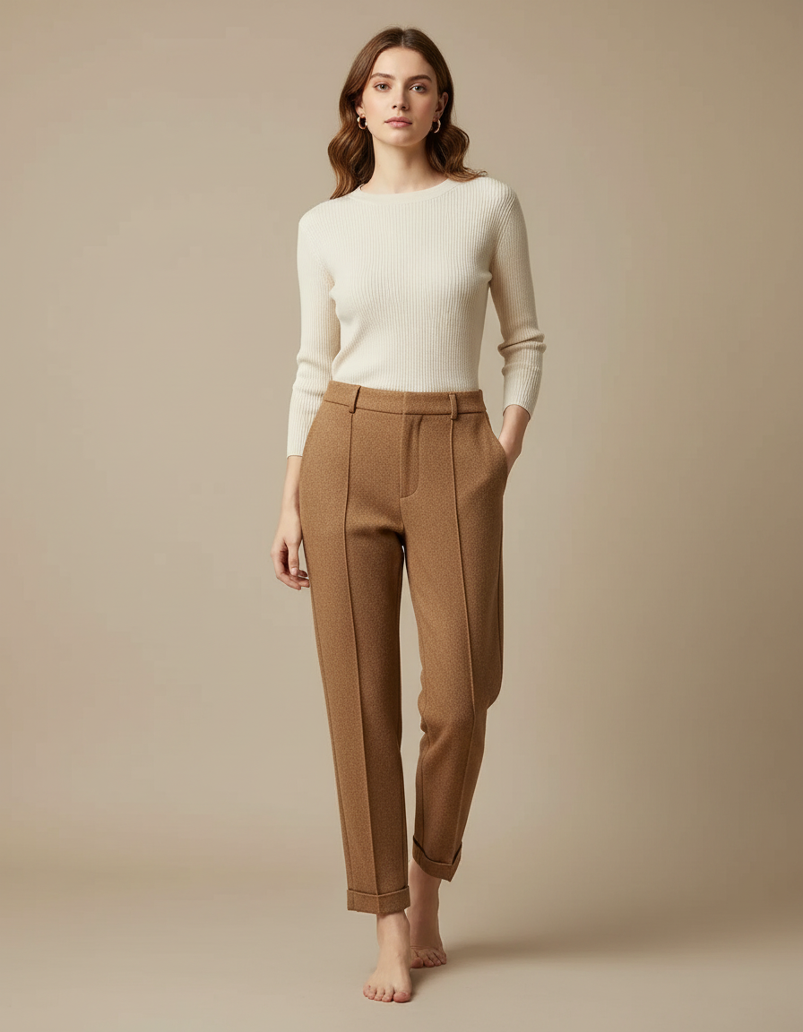 Pantalon Marron Laine Taille Haute Décontracté Élégant - Tweed
