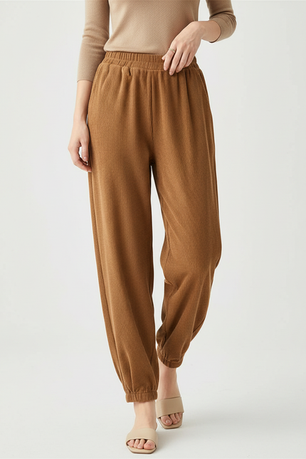 Pantalon Marron Côtelé Ample Élastiqué Décontracté Femme - Cordé
