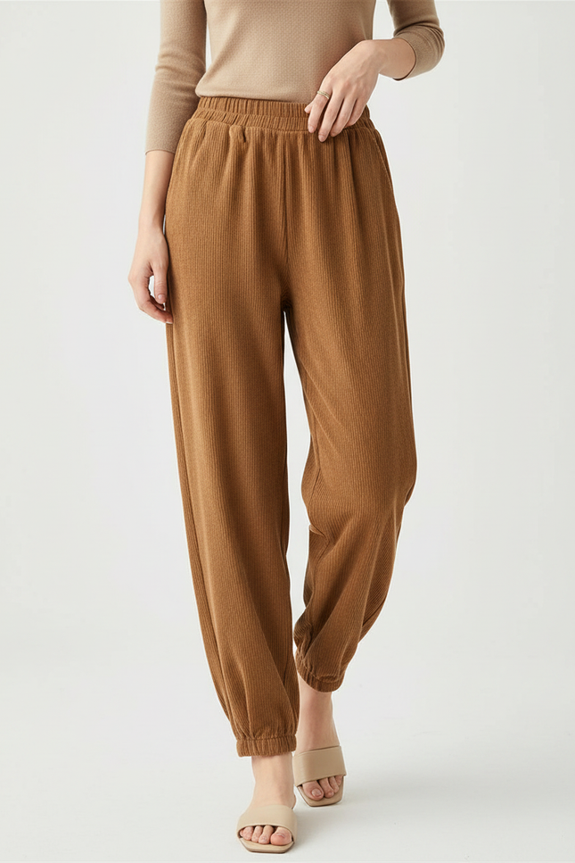 Pantalon Marron Côtelé Ample Élastiqué Décontracté Femme - Cordé