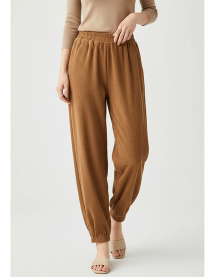 Pantalon Marron Côtelé Ample Élastiqué Décontracté Femme - Cordé