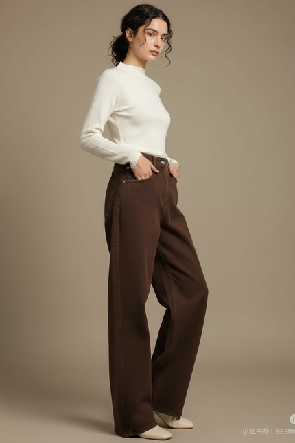 Pantalon Marron Ample Droit Taille Haute Femme - Jean
