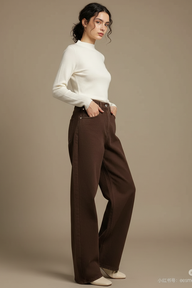 Pantalon Marron Ample Droit Taille Haute Femme - Jean