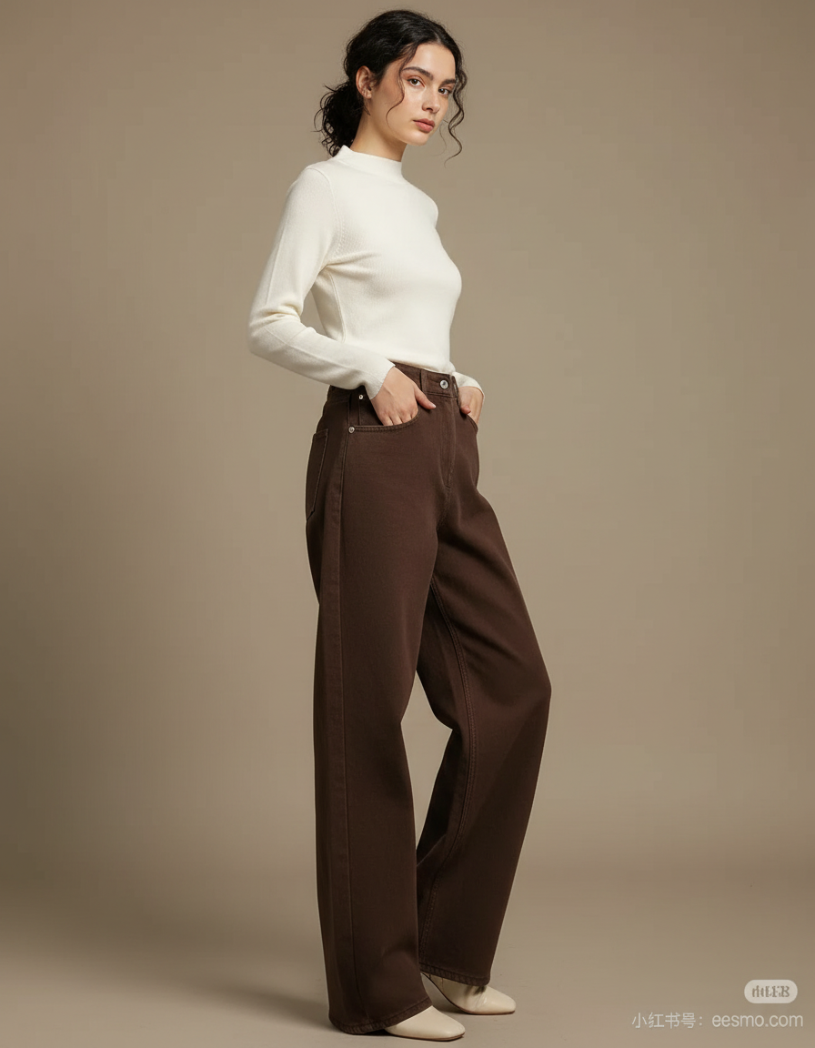 Pantalon Marron Ample Droit Taille Haute Femme - Jean