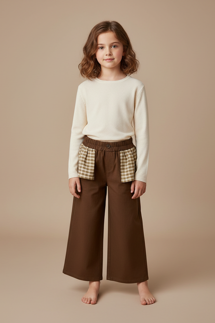 Pantalon Marron Fille Ample Carreaux Élastique - Gabardine