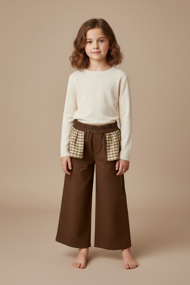Pantalon Marron Fille Ample Carreaux Élastique - Gabardine