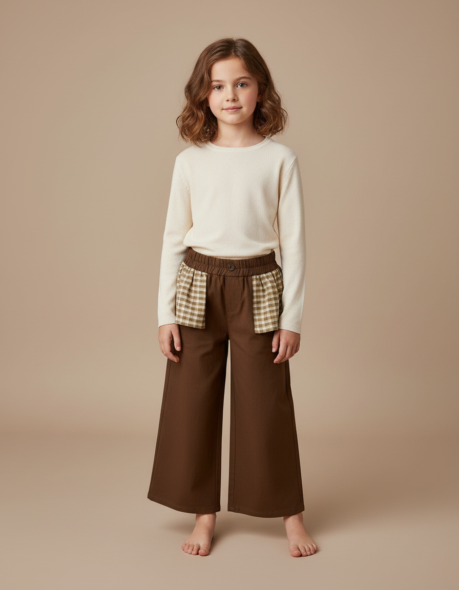 Pantalon Marron Fille Ample Carreaux Élastique - Gabardine