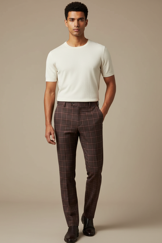 Pantalon Marron Carreaux Homme Slim Chic Élégant - Tweed