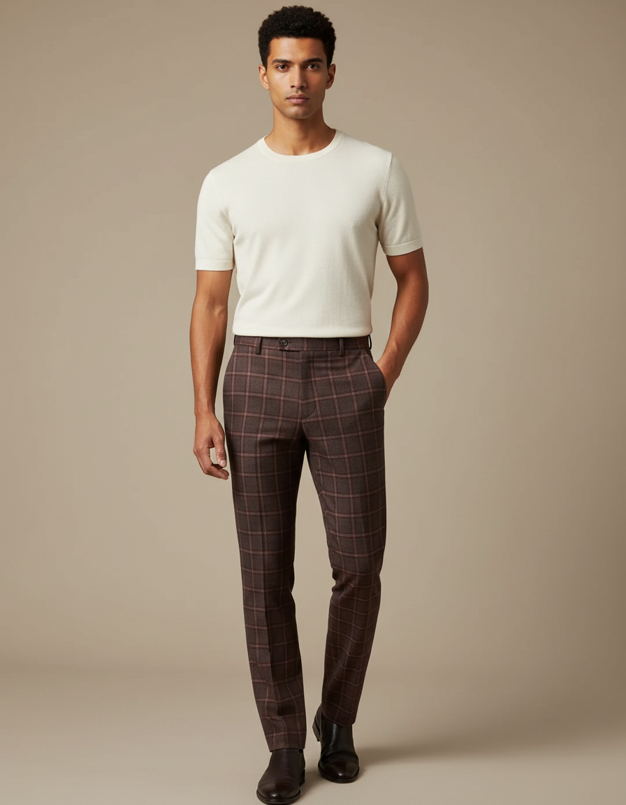 Pantalon Marron Carreaux Homme Slim Chic Élégant - Tweed