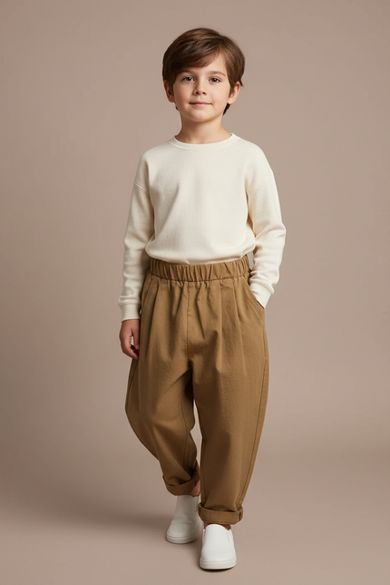 Pantalon Marron Ample Coton Plissé Taille Élastique